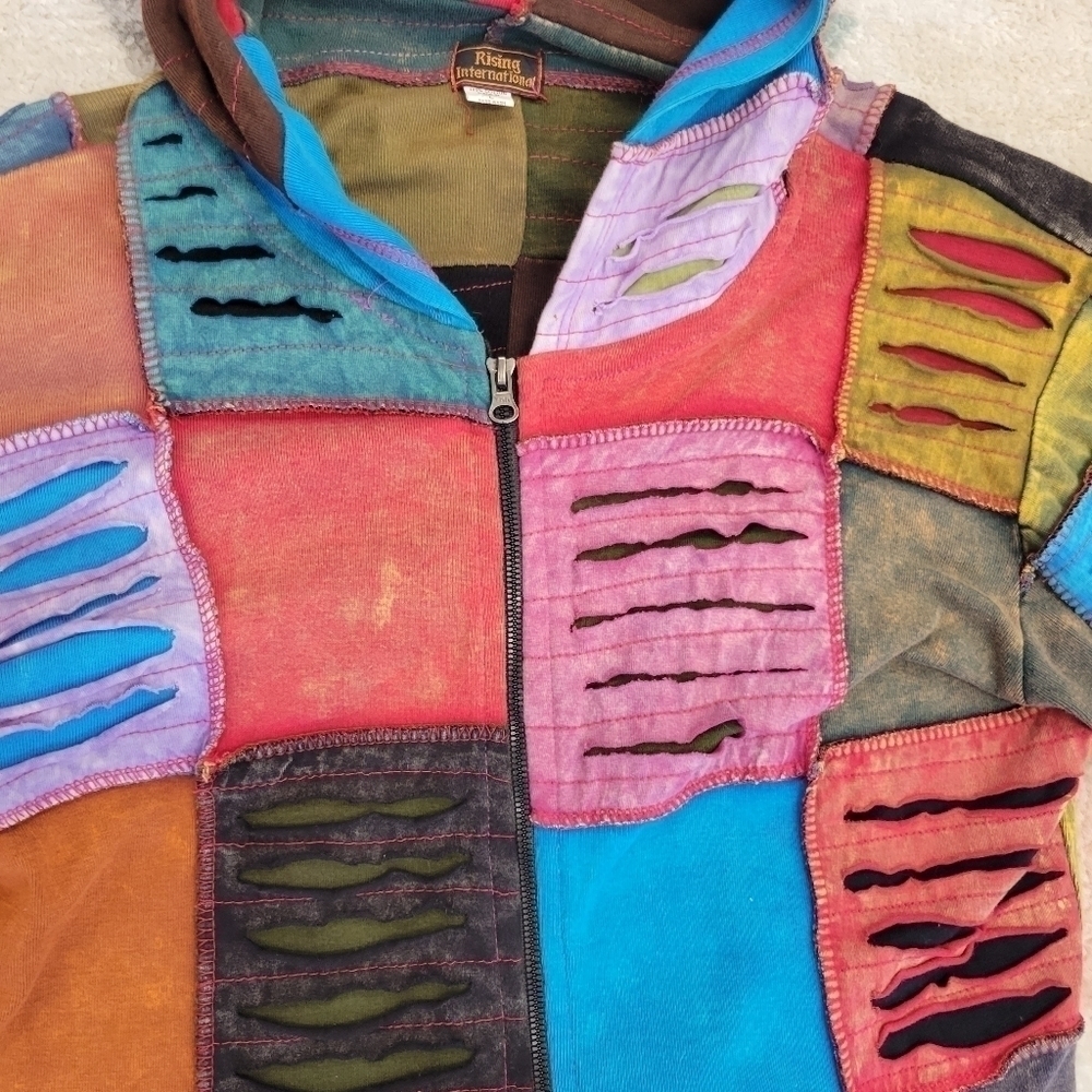 Womens Boho Hippie 100% Cotton Full ZIP patchwork hoodie size large - Picture 4 of 7